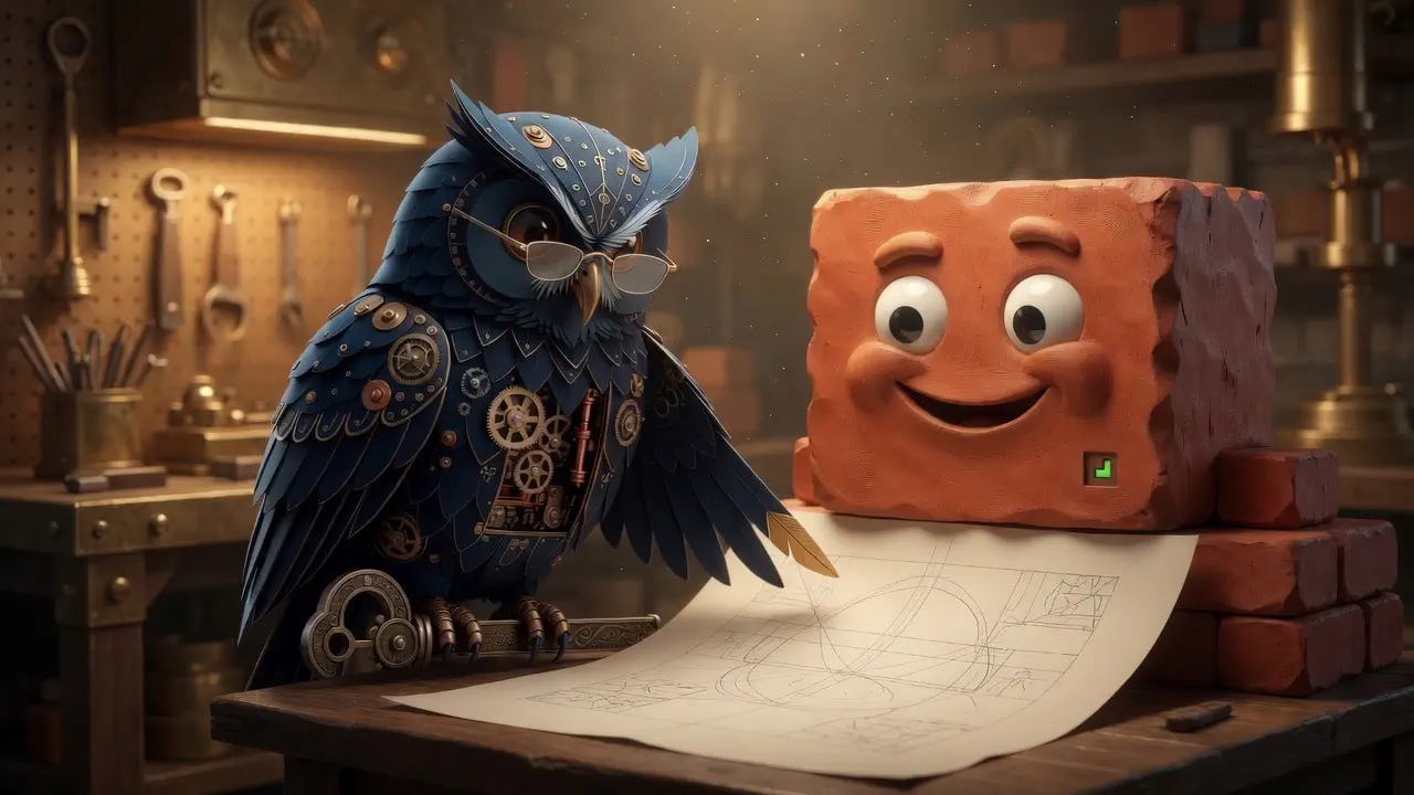 Herman and Brick at one drafting table in a brass-fitted workshop, both leaning over the same marked-up specification sheet: Herman, a midnight-blue clockwork owl in brass spectacles, points at a line with a drawing pen while Brick, a terracotta masonry figure, holds the sheet flat and reads it back.